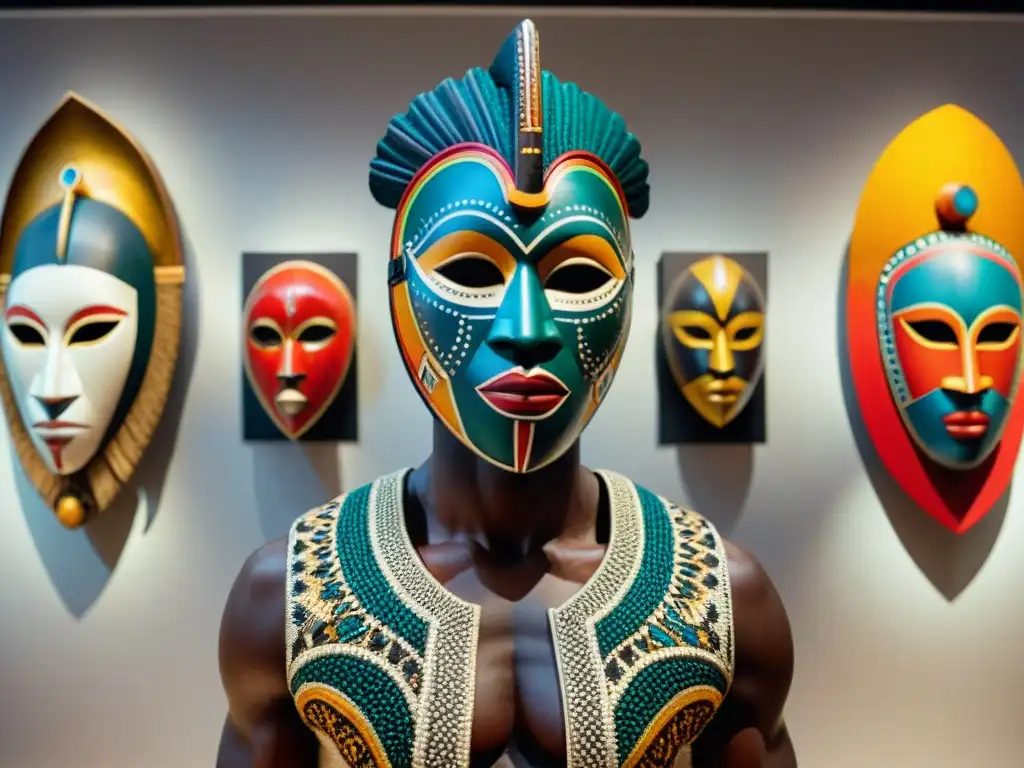 Una galería de arte contemporáneo fusiona máscaras tradicionales africanas con arte moderno, reflejando la influencia máscaras tradicionales africanas