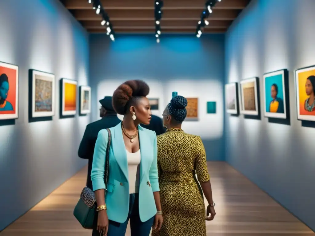 Una galería de arte con influencia diáspora africana, obras vibrantes y diversidad cultural