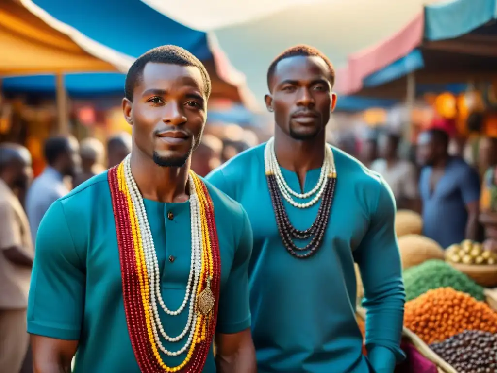 Dos gemelos idénticos vestidos con atuendo tradicional africano en un bullicioso mercado, rodeados de admiradores con expresiones reverentes