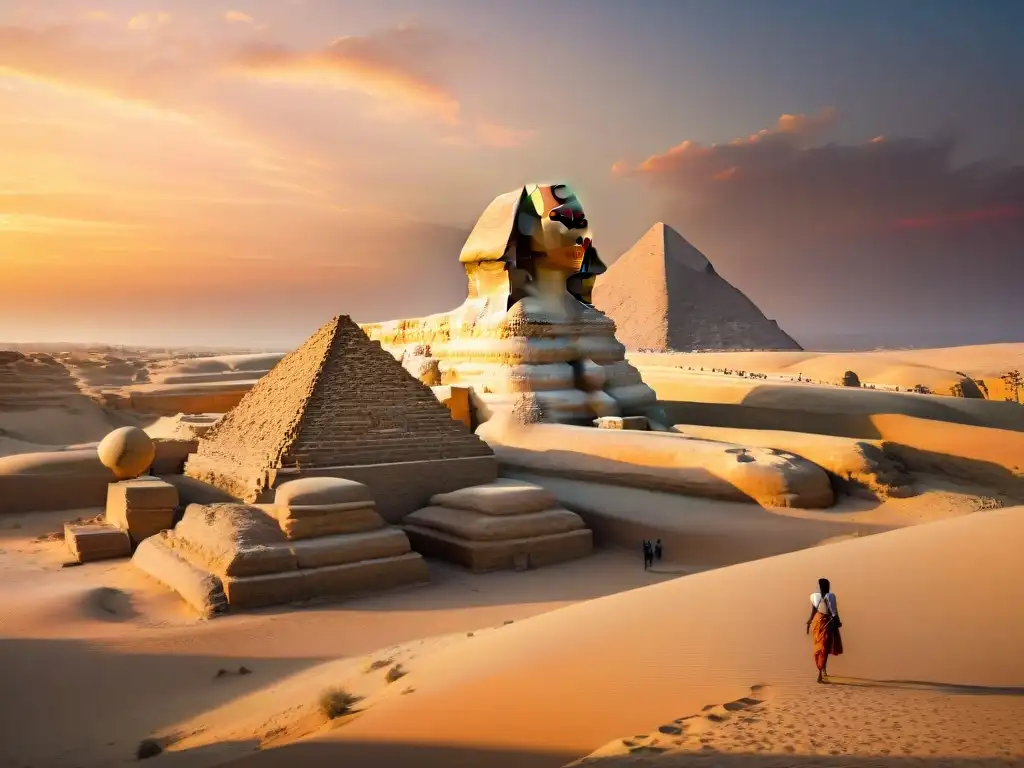 Majestuoso Sphinx de Giza al atardecer El Gran Esfinge de Giza al atardecer, con tonos naranjas y rosados en el cielo