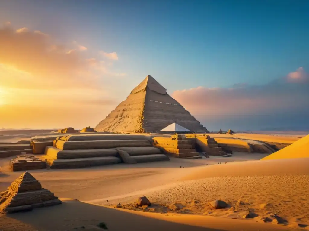 La Gran Esfinge de Giza al atardecer, con detalles en piedra caliza y un brillo dorado, simbolizando el arte y la inmortalidad de Egipto