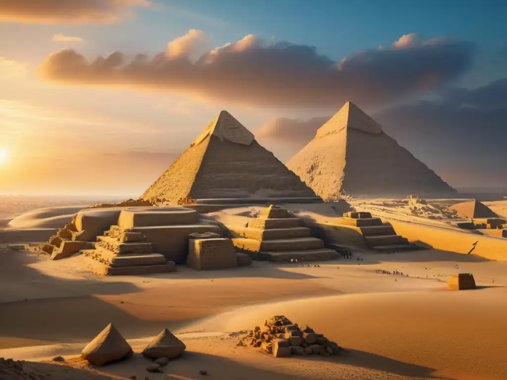 El Gran Esfinge de Giza se alza majestuoso frente a las pirámides, bañado por la cálida luz dorada del atardecer