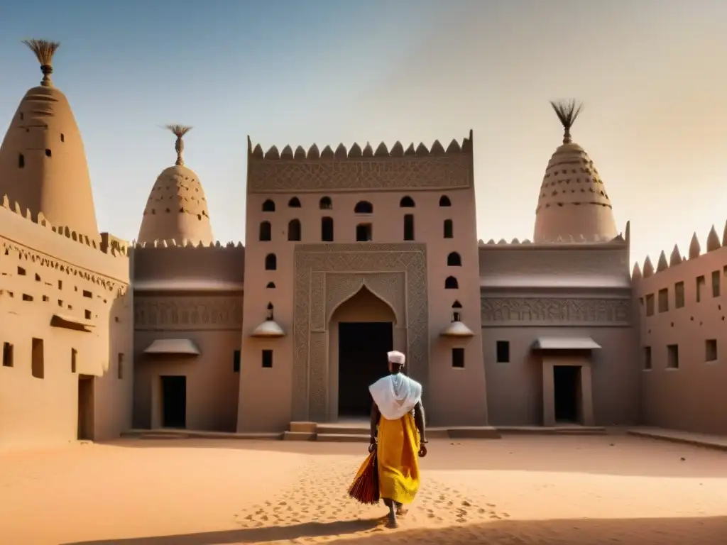 La Gran Mezquita de Djenné en Mali, con su arquitectura de adobe detallada bajo el sol africano