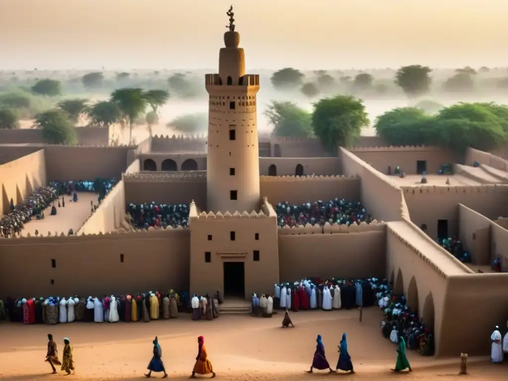 La Gran Mezquita de Djenné en Mali, con su arquitectura de ladrillo de barro e impacto difusión Islam Sahel durante un festival local vibrante