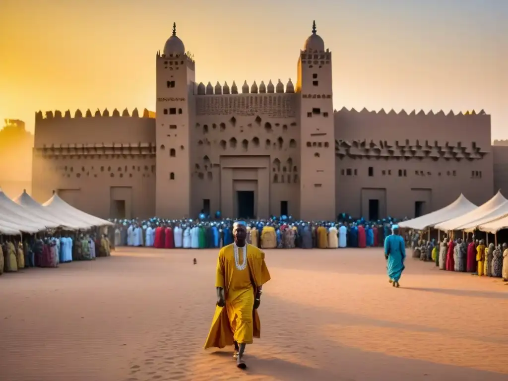 La Gran Mezquita de Djenné resplandece al atardecer, mostrando su arquitectura de barro y la vida cotidiana en la plaza