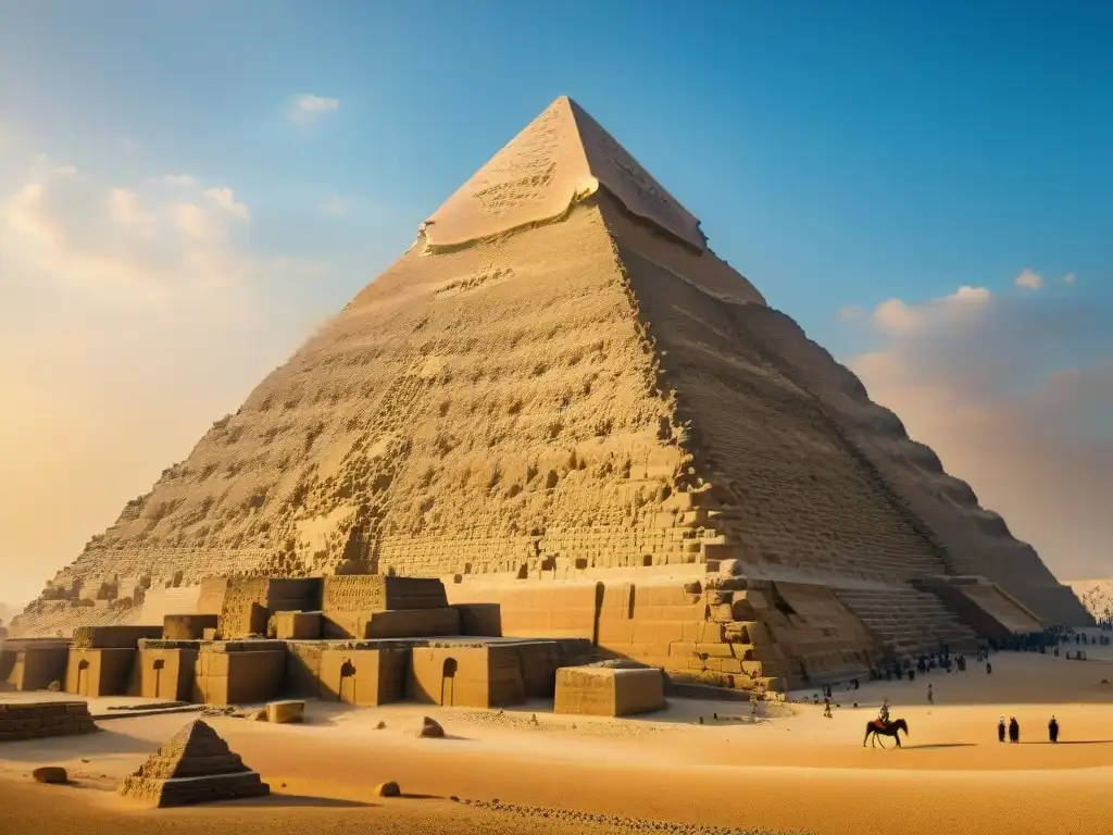 La grandiosa Pirámide de Giza destaca contra el cielo azul, mostrando la increíble Ingeniería hidráulica del Antiguo Egipto