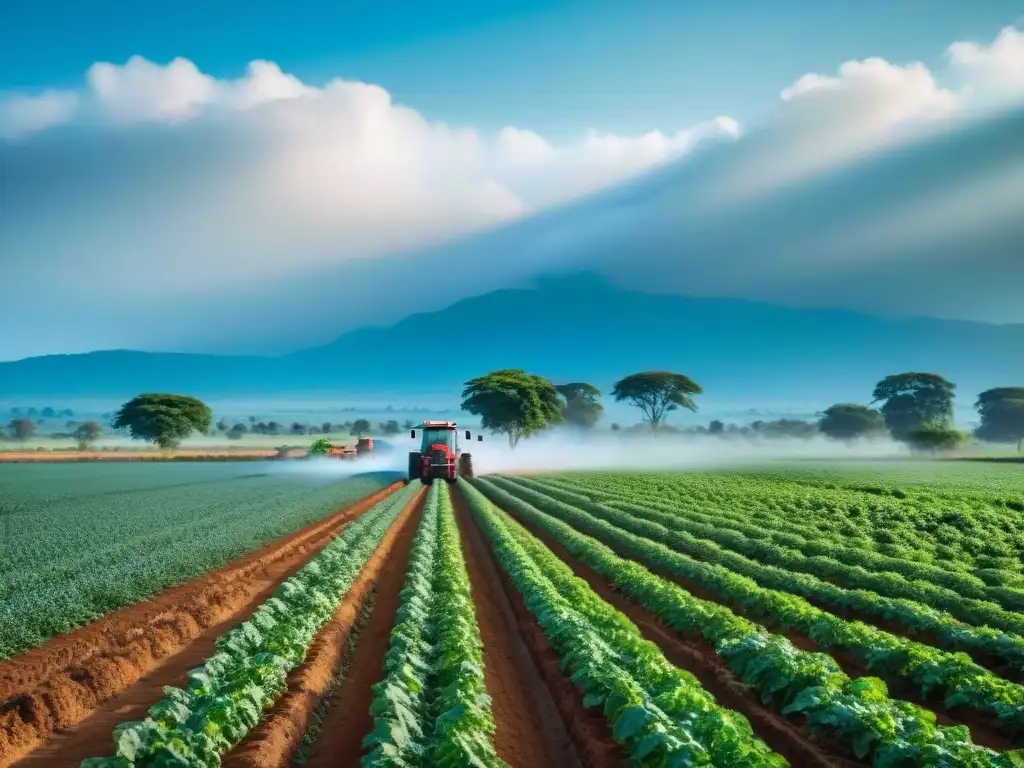 Granja africana moderna: agricultores utilizan tecnología avanzada en campos verdes