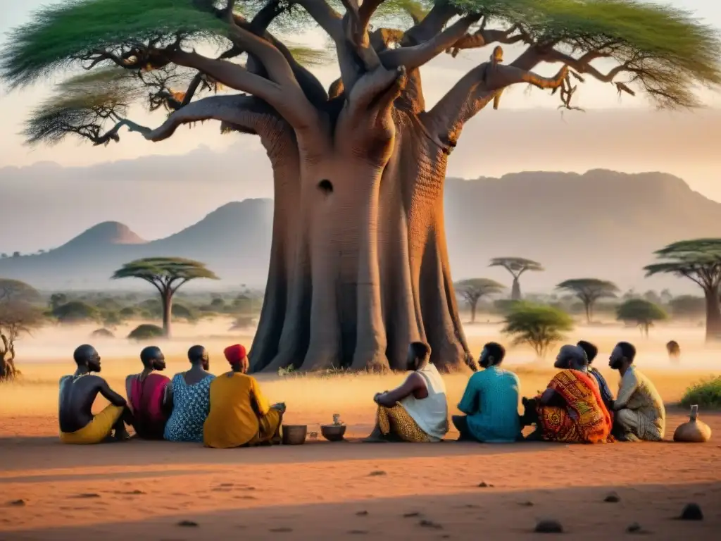 Un griot africano relata historias bajo un baobab al atardecer