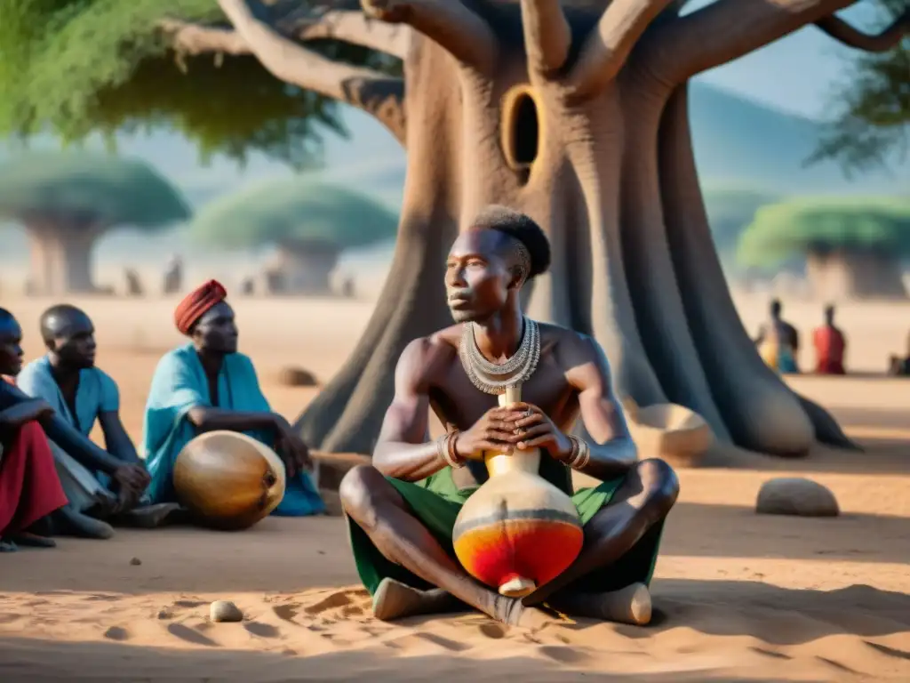 Un griot africano narra historias bajo un baobab a una audiencia variada, evocando la riqueza de las civilizaciones africanas