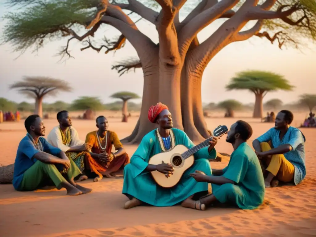 Un griot africano cuenta Mitos y Leyendas del Sahel bajo un baobab al atardecer, rodeado de aldeanos atentos