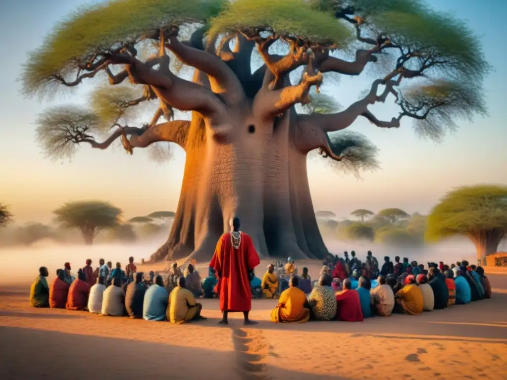 Un griot africano con vestimenta tradicional, contando historias bajo un baobab al atardecer