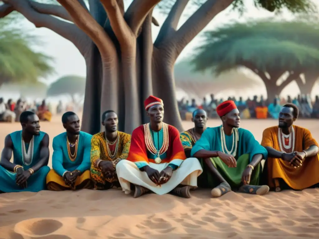 Un griot Wolof en Senegal relata historias bajo un baobab al atardecer, transmitiendo la esencia de las Dinastías Wolof en Senegal