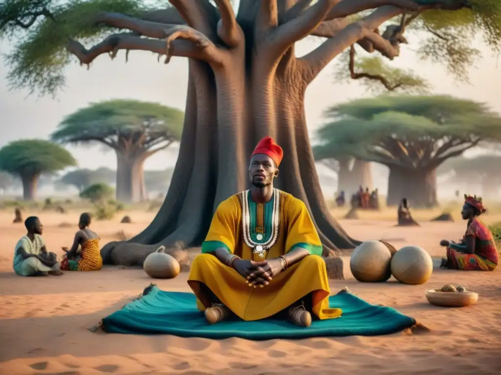 Un griot Wolof cuenta historias bajo un baobab en Senegal, transmitiendo la esencia de las Dinastías Wolof en Senegal