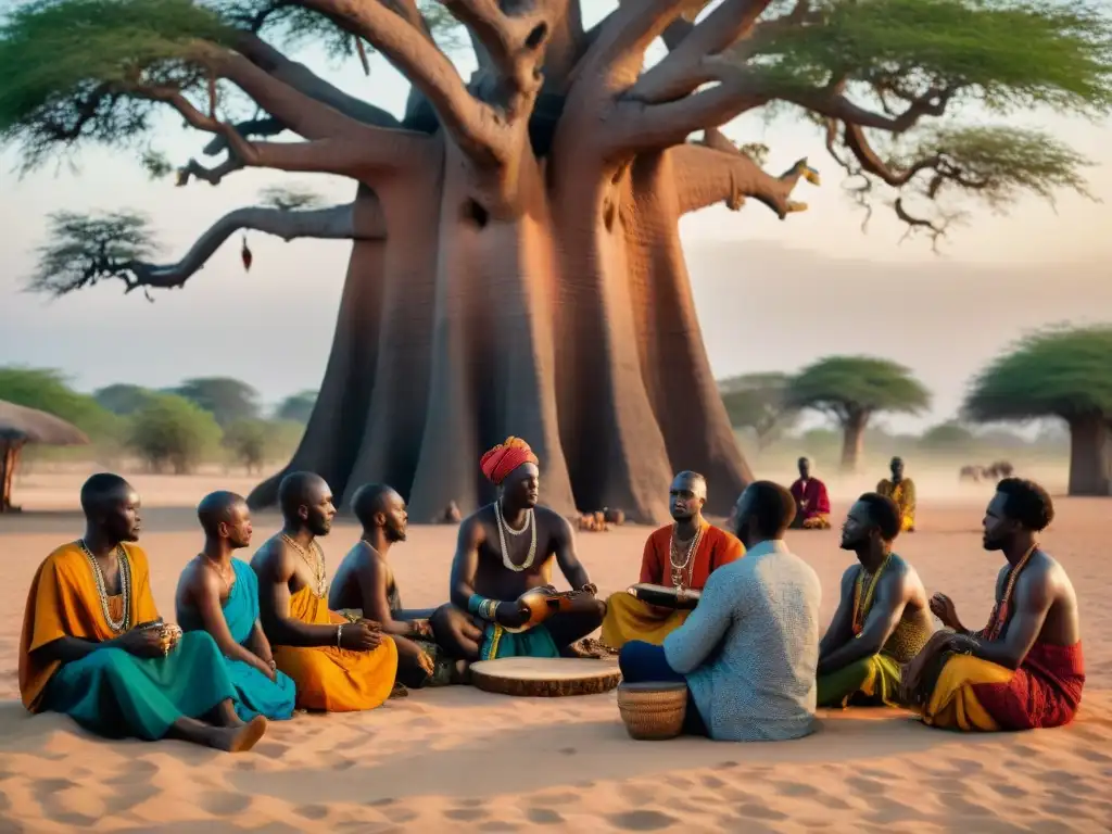 Un griot senegambiano comparte historias y música bajo un baobab al atardecer