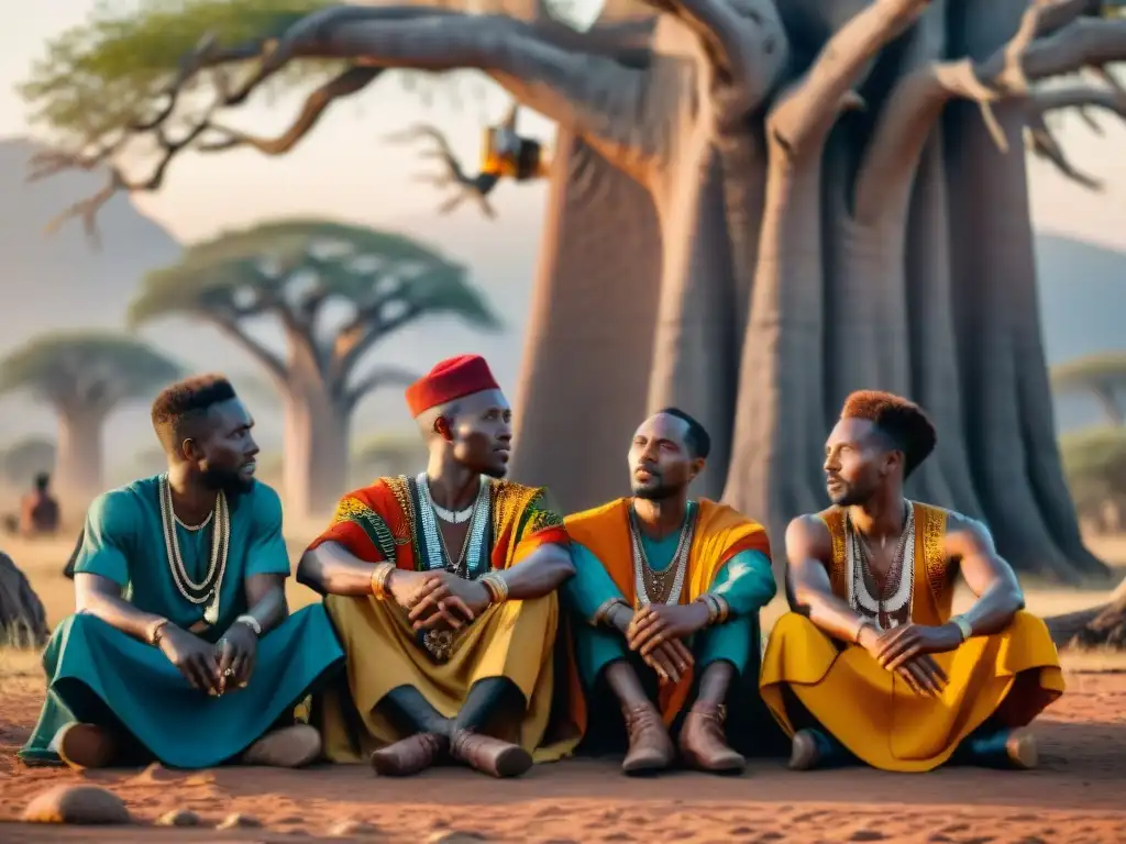 Griots africanos recitan poesía bajo un baobab, reflejando la importancia de la poesía en el arte africano