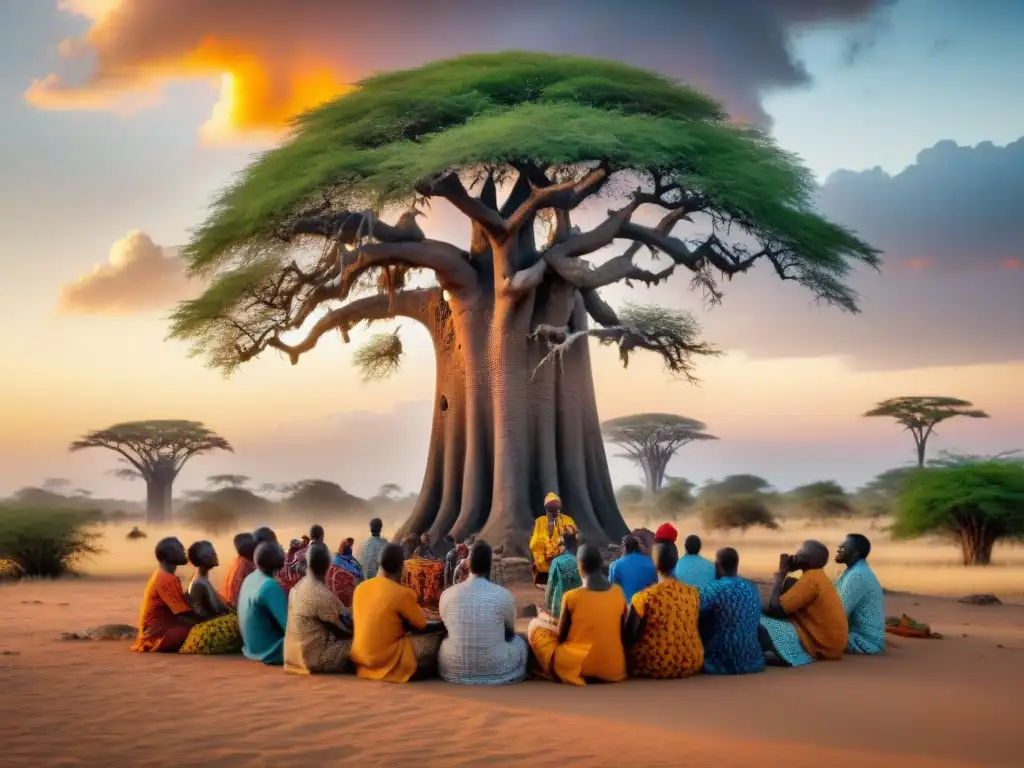 Griots africanos recitan poesía bajo un baobab, rodeados de aldeanos en la sabana al atardecer