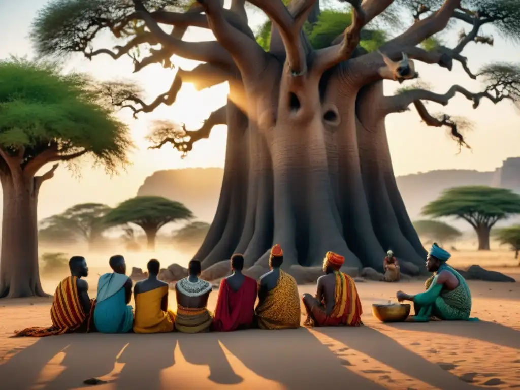 Griots africanos relatan historias bajo baobab en Expediciones precoloniales en África