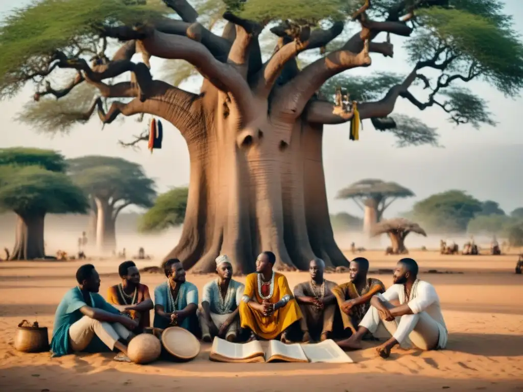 Griots africanos cuentan historias bajo baobab, rodeados de artefactos y documentos sobre la esclavitud en África Occidental