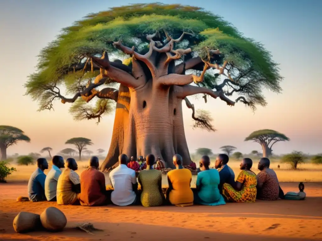 Griots africanos recitan poesías bajo baobab: expresión artística en reinos africanos