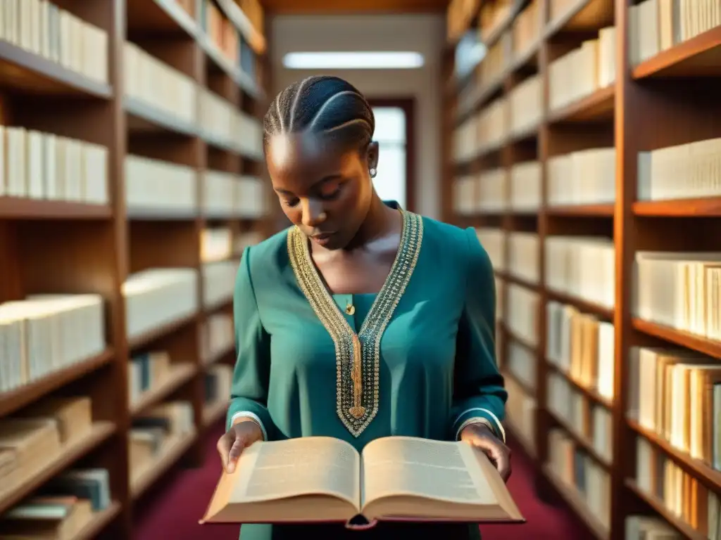 Un grupo de académicos examina un antiguo manuscrito africano en una biblioteca moderna, destacando la economía del saber en África