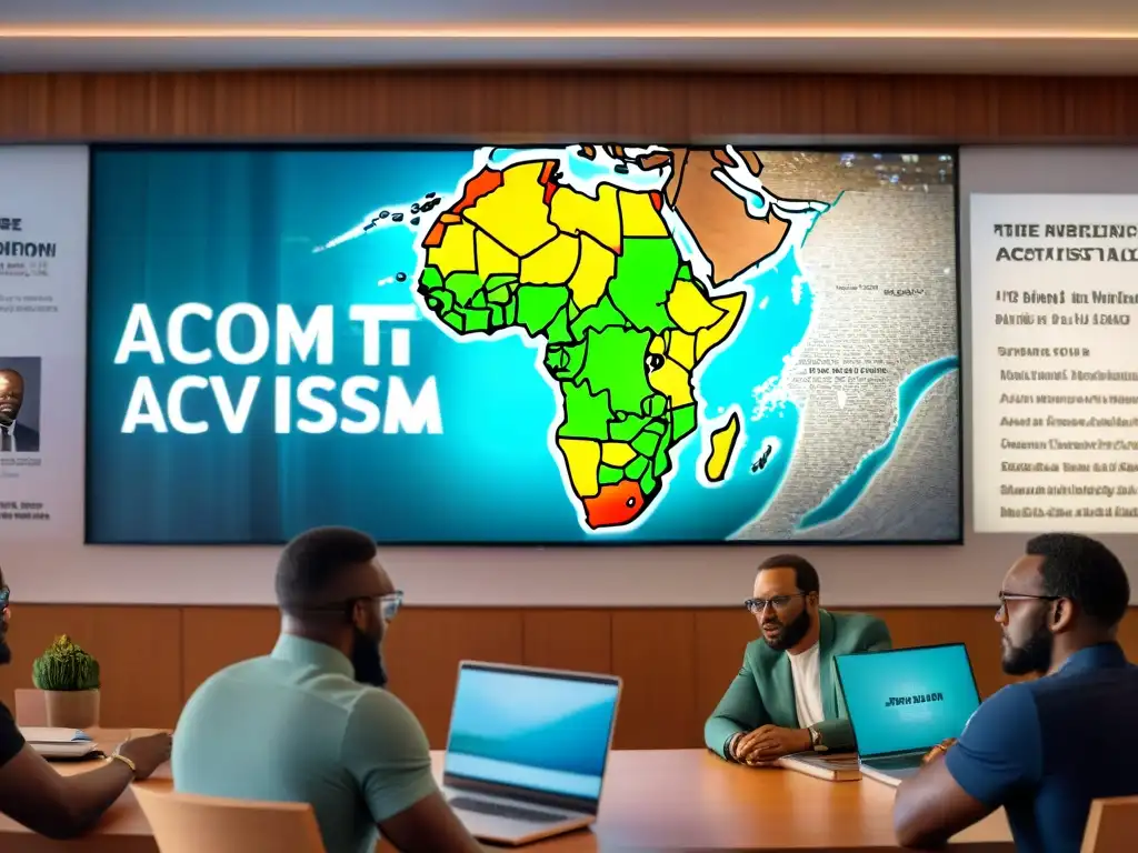 Un grupo de activistas africanos diversos se reúnen en torno a una pantalla digital con hashtags de activismo africano moderno