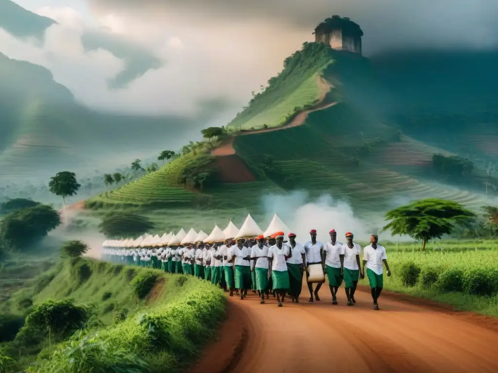 Un grupo de activistas burundeses marcha juntos, llevando pancartas de independencia y esperanza en paisaje verde