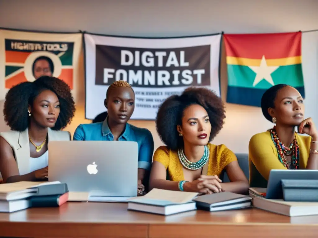 Un grupo de activistas feministas africanas discuten sobre activismo feminista digital en África, rodeadas de laptops y carteles coloridos