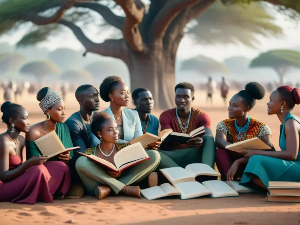 Grupo de activistas jóvenes por las lenguas africanas, en diálogo bajo un árbol, rodeados de libros y tecnología