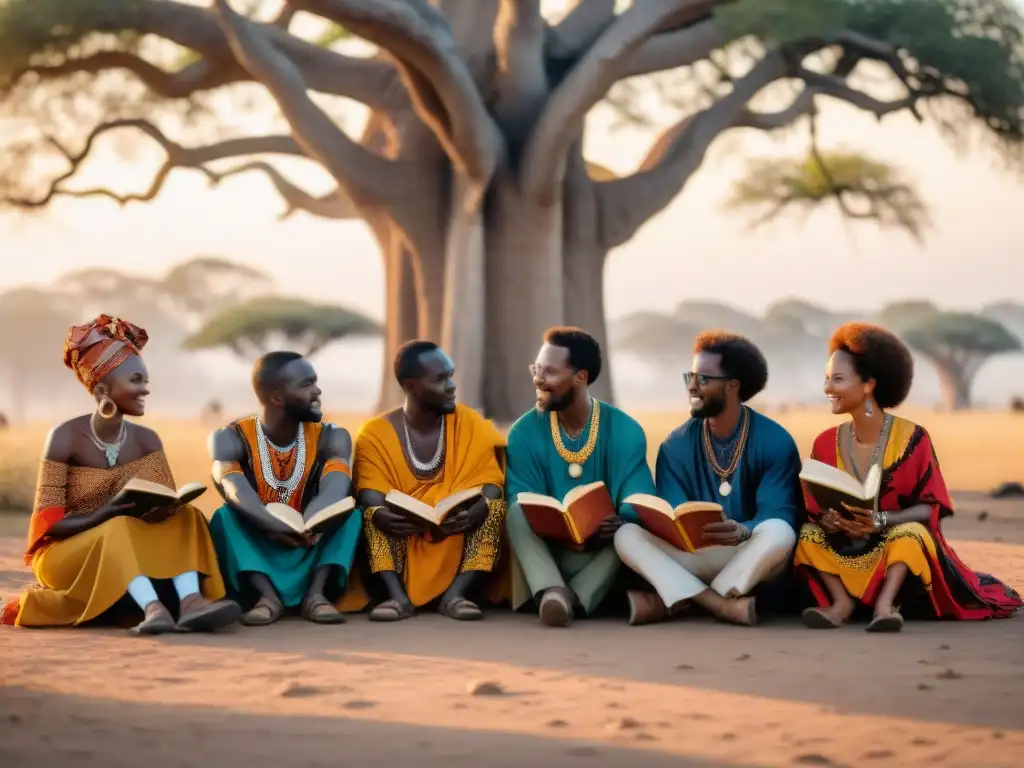 Un grupo de activistas por la preservación de lenguas africanas del siglo XXI, debatiendo bajo un baobab al atardecer