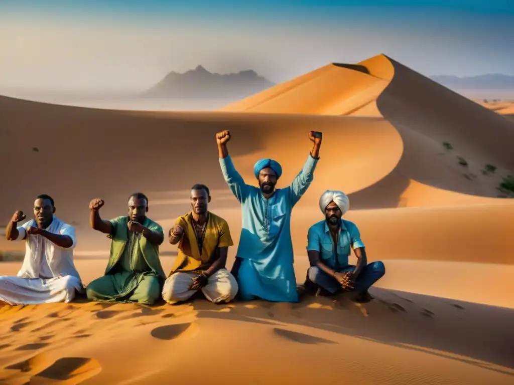 Grupo de activistas sahelianos levantando los puños en unidad bajo el sol abrasador, rodeados de dunas y cielo azul, en un paisaje desértico