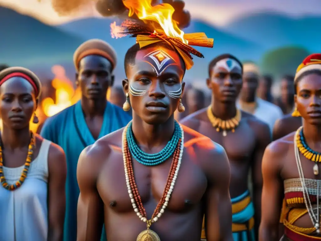 Un grupo de adolescentes africanos en rituales de paso salud africana alrededor de una fogata vibrante bajo el cielo nocturno