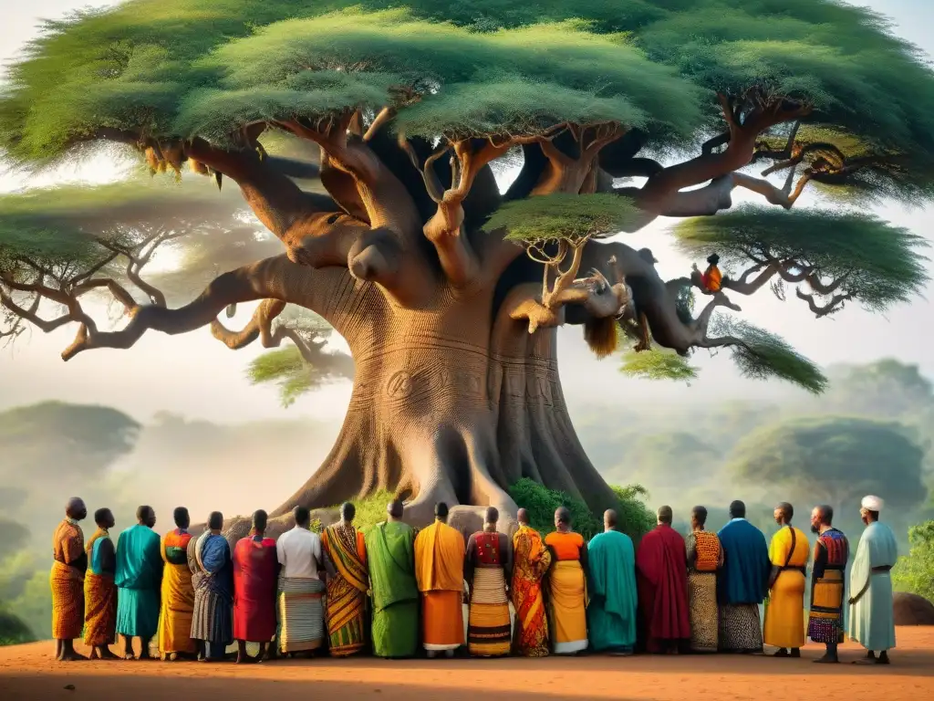 Un grupo de adoradores africanos se reúne alrededor de un árbol sagrado con influencia animismo africano cristianismo contemporáneo