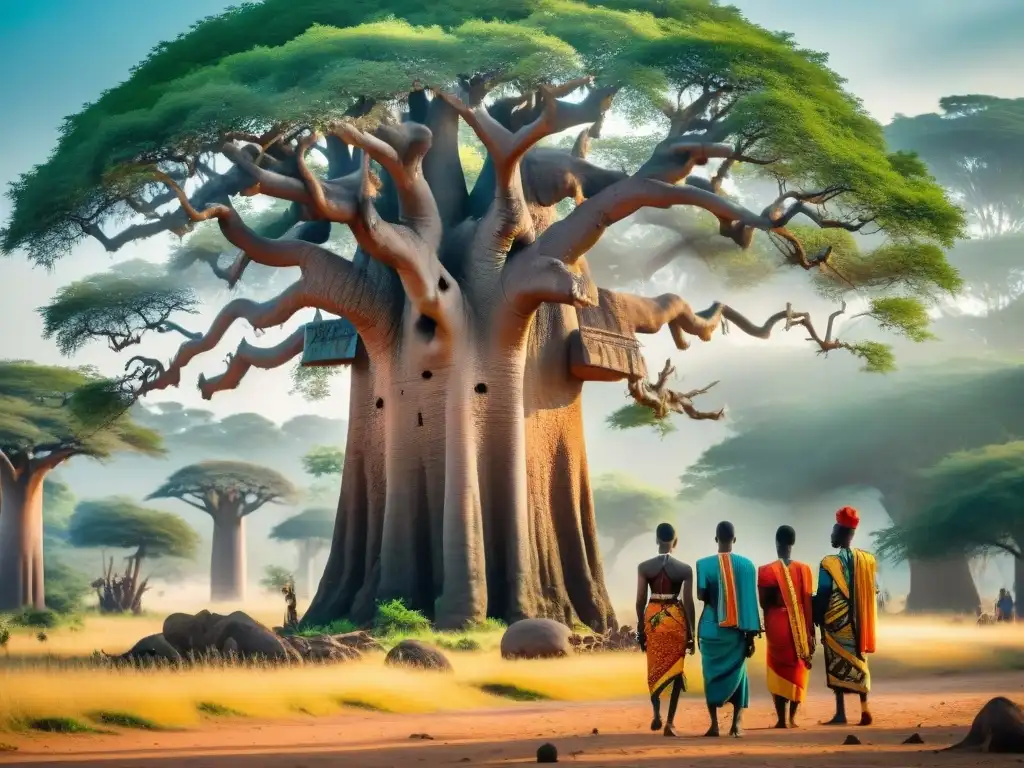 Grupo de adoradores africanos realizando ritual sagrado bajo un majestuoso baobab en un bosque exuberante