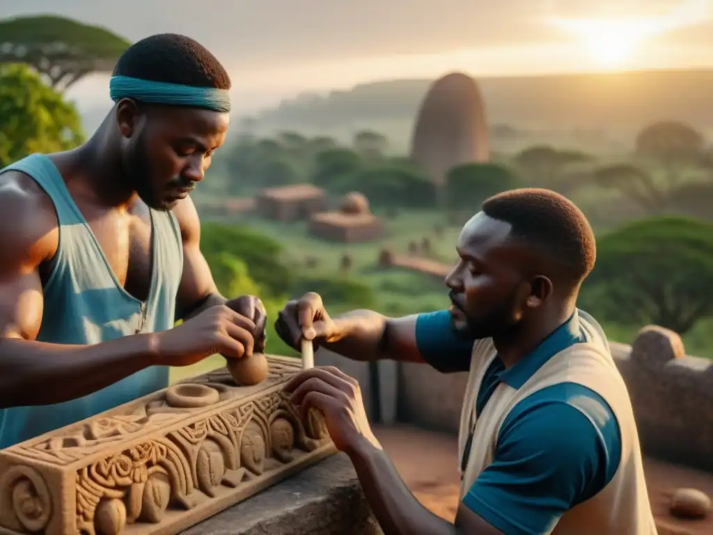 Grupo africano preservando antiguas esculturas de piedra al atardecer, destacando la importancia de la Preservación del Patrimonio Africano