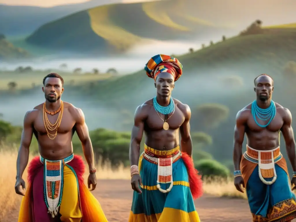 Grupo africano danzando bajo el cielo con moda tradicional en rituales ceremonias