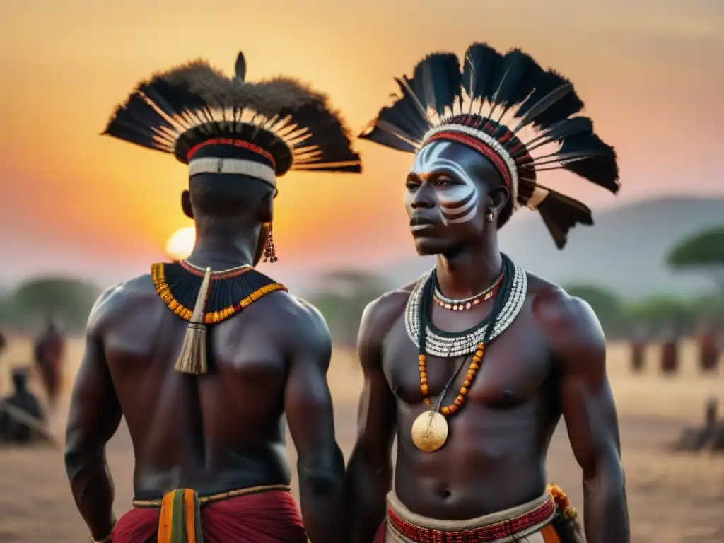 Grupo africano en ritual al atardecer: danza, música y fuego con atuendos tradicionales