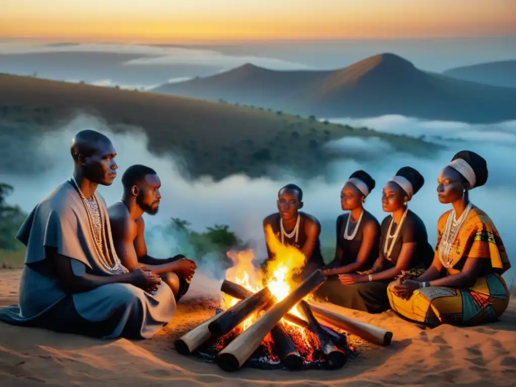 Grupo africano en rituales funerarios alrededor de fogata al atardecer