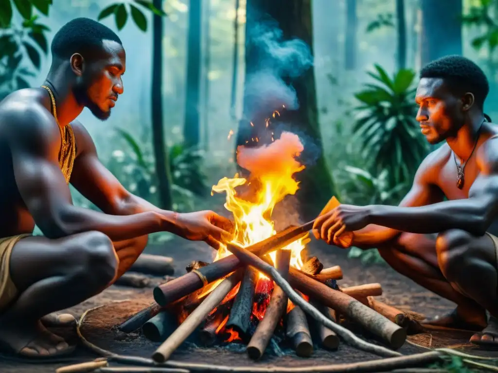 Grupo africano realiza técnicas ancestrales de domesticación del fuego en la exuberante selva, con destellos de llama emergiendo