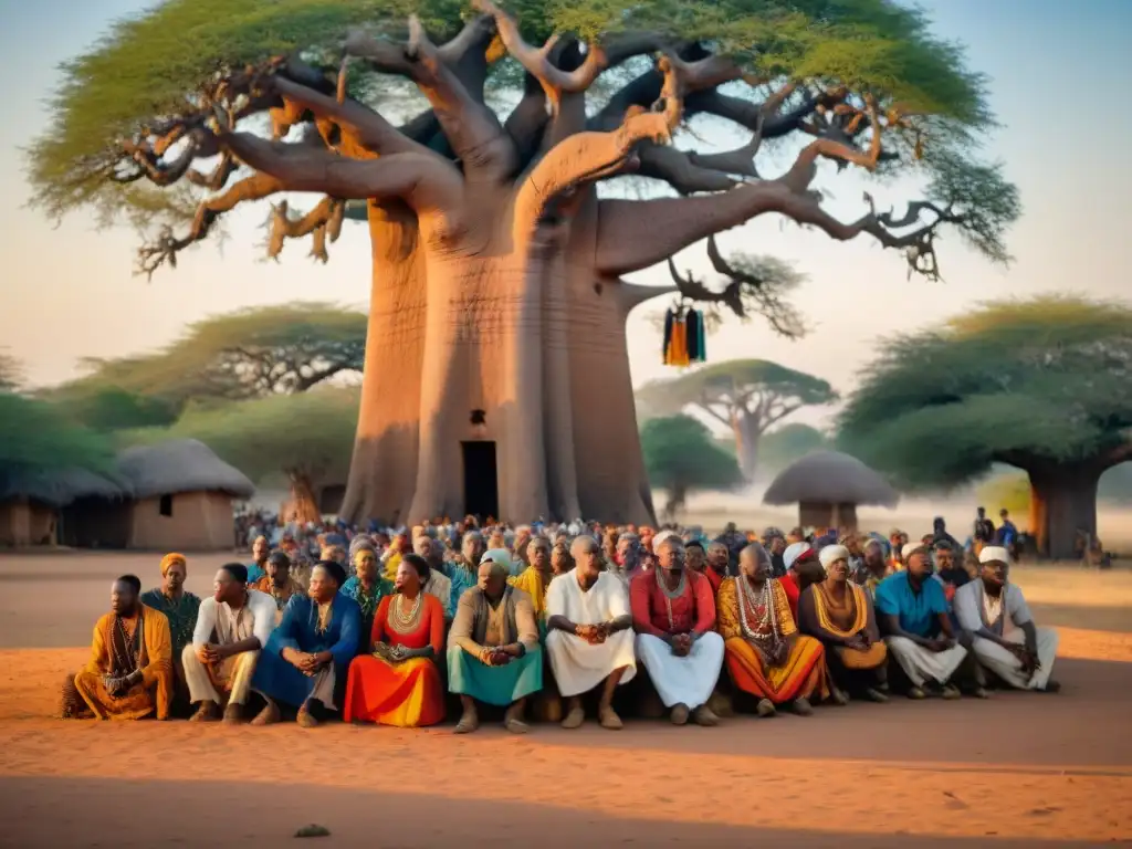 Un grupo de griots africanos bajo un baobab ancestral, cautivando a la comunidad con historias ancestrales al atardecer