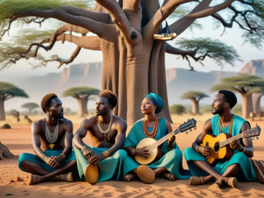 Un grupo de griots africanos bajo un baobab, envueltos en la vibrante expresión artística en reinos africanos