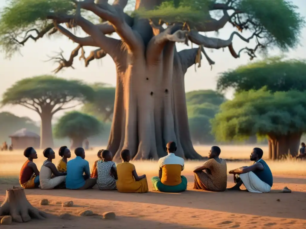 Un grupo de griots africanos bajo un baobab contando historias al atardecer