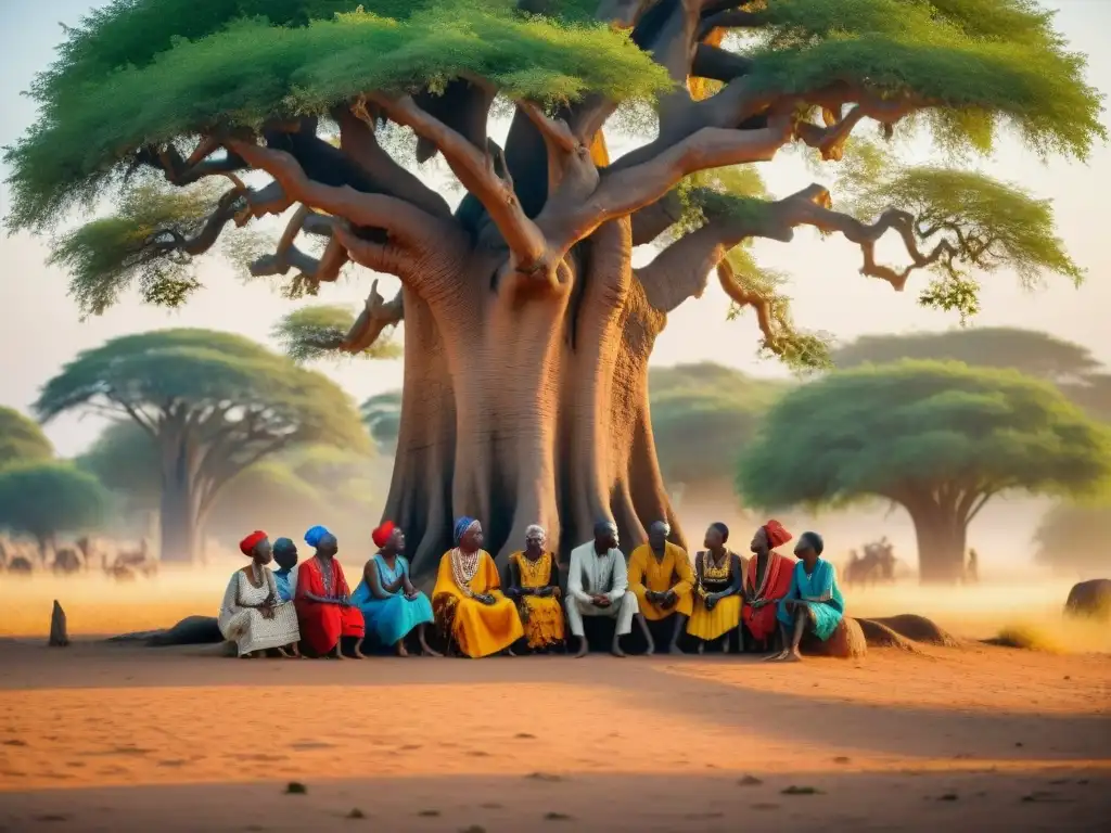 Un grupo de griots africanos bajo un baobab compartiendo historias y música al atardecer