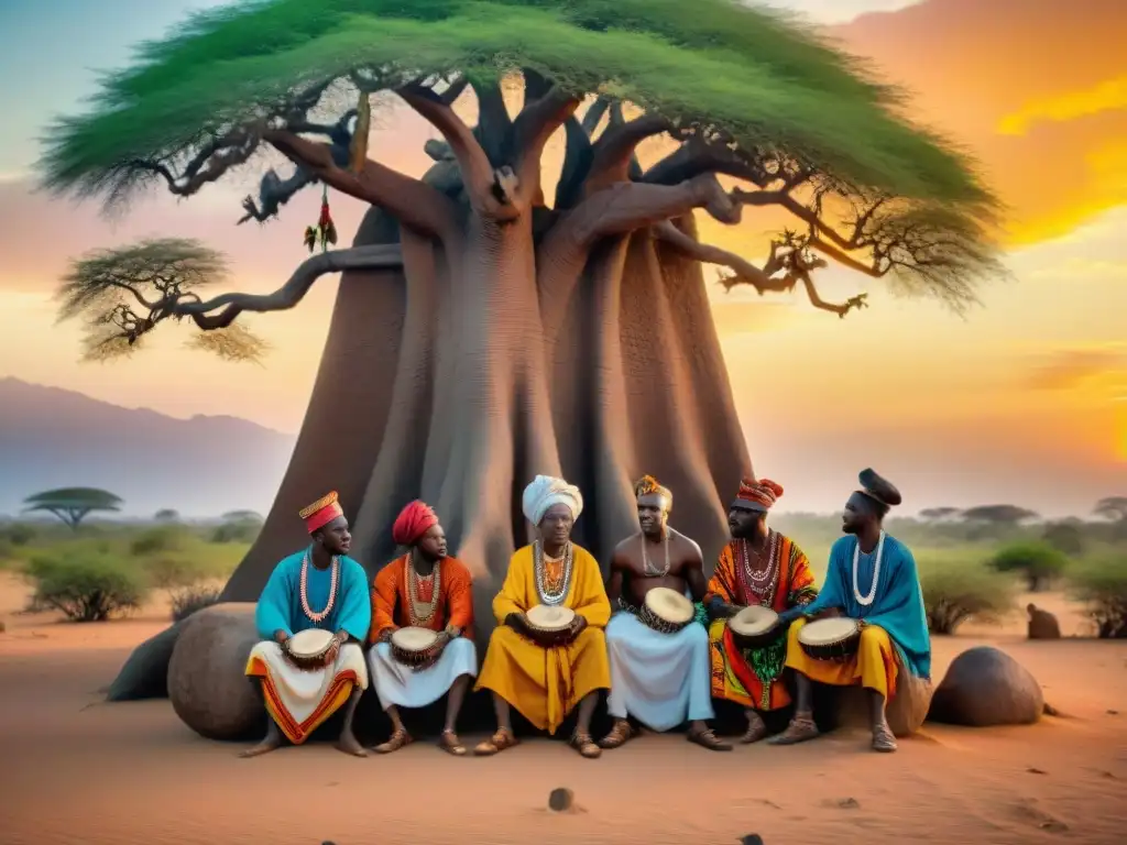 Un grupo de griots africanos, poetas y músicos, bajo un baobab al atardecer