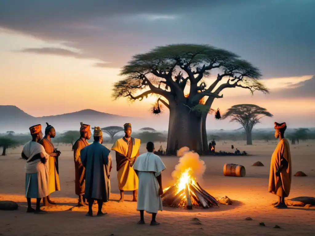 Un grupo de africanos realiza un ritual funerario alrededor de una hoguera al atardecer