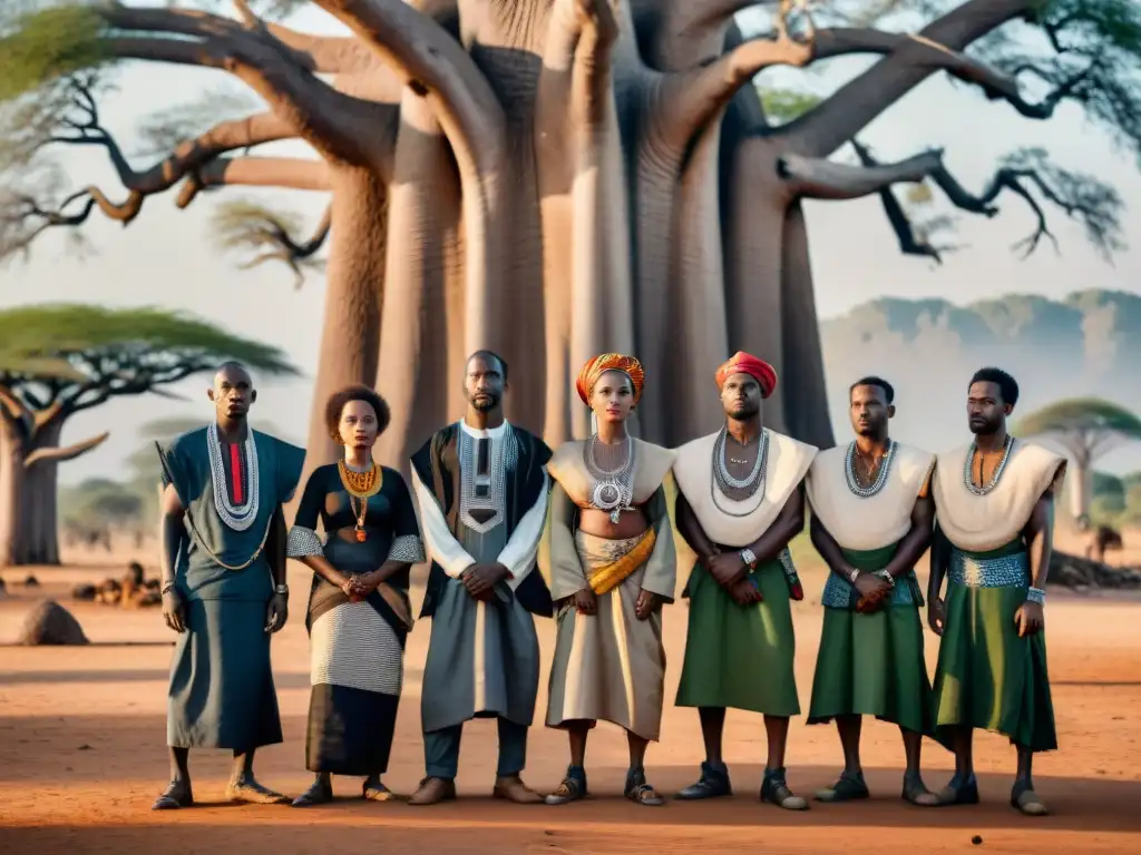 Grupo de africanos unidos bajo árbol baobab, luchando contra colonialismo en África