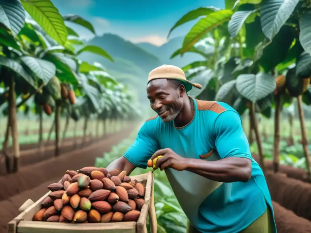 Un grupo de agricultores africanos cosechando cacao bajo árboles frondosos