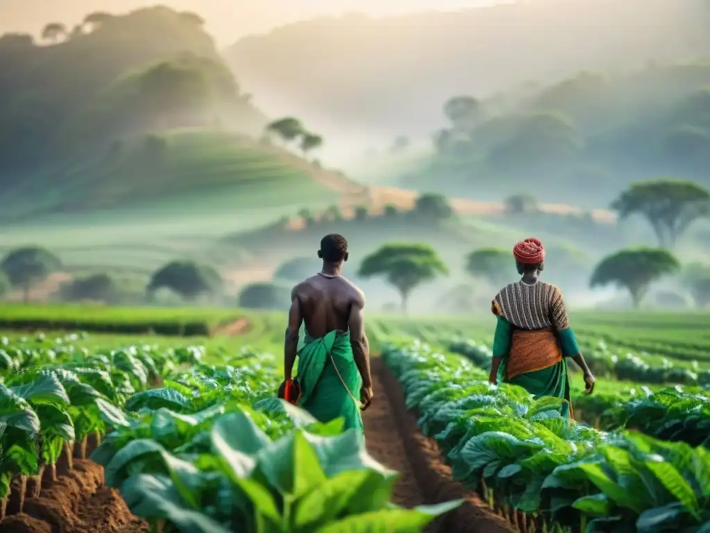 Grupo de agricultores africanos trabajando en un campo verde usando métodos tradicionales, simbolismo agricultura sostenibilidad campo africano