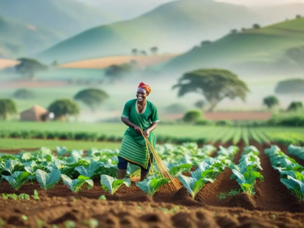 Grupo de agricultores africanos en un campo vibrante, practicando técnicas agrícolas africanas innovadoras