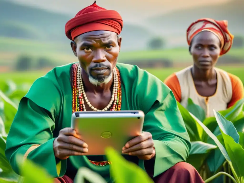 Grupo de agricultores africanos en campo verde, interactúan con tecnología blockchain