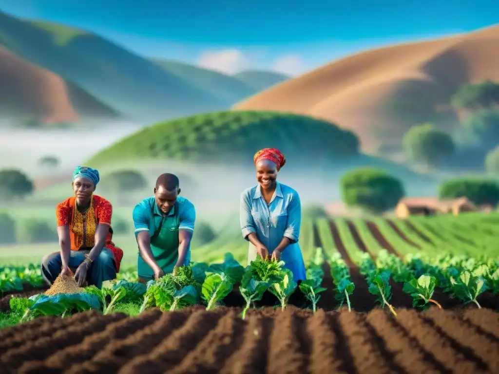 Un grupo de agricultores africanos en un campo verde, trabajando juntos bajo el sol africano